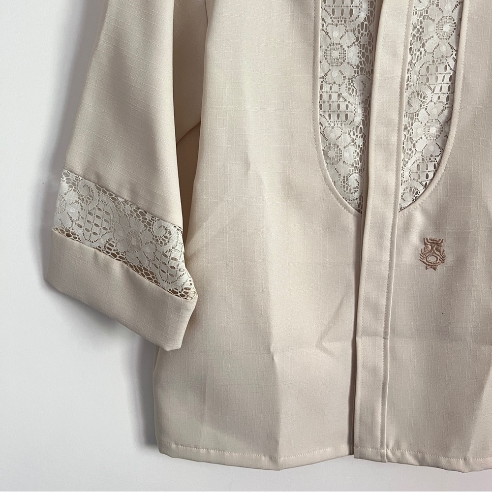 Vintage Lolani Beau Tiki Hawaiian Shirt Cream Beige Lace Men’s Size Medium - Picture 3 of 9
